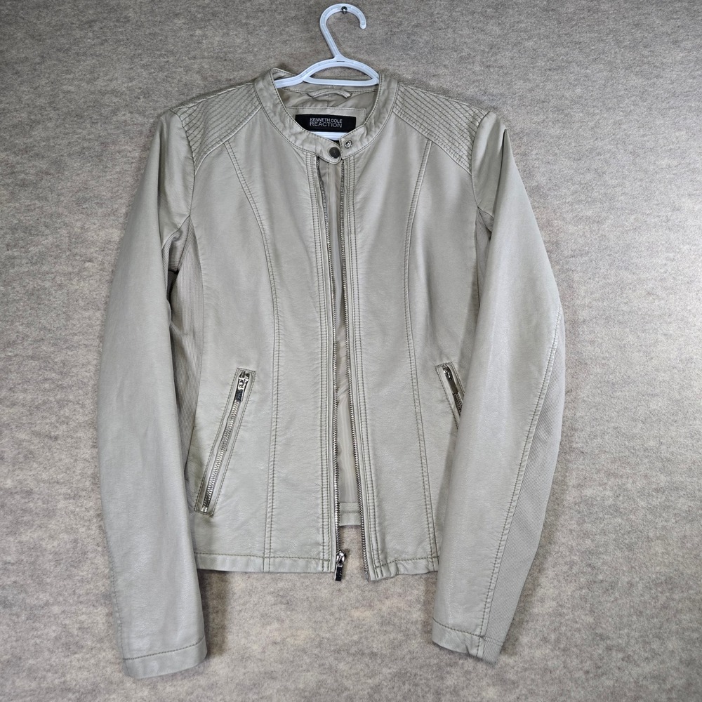Kenneth Cole Reaction Womens Faux Leather Moto Jacket Gray Ivy 17HNG4014 Medium